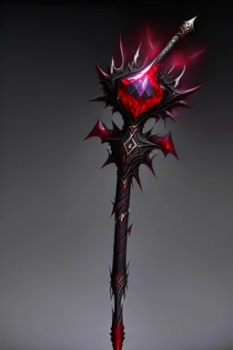 A sorceress evil staff that is a mix colors of red and black crystals and sharp edges