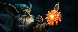 dark dwarf gremlin expert holding up a radiant Painite crystal rosette ball
