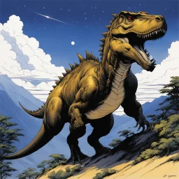 (in the style of Orion, by Masamune Shirow) a t-rex on the top of his hill