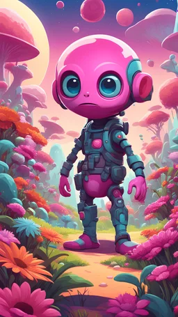 A cartoony, big-headed game character with mismatched limbs stands confidently on a vibrant alien planet filled with colorful flora. Their face peeks playfully out from under a bright pink toilet with flowers painted on it. Behind them, a group of goofy, cartoony zombies with mismatched clothing shuffle towards them. Render in a bold vector style with thick outlines and flat colors. (2 views: front and three-quarter)