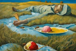 lies down in the grass a Fallen Ice-cream, the ice cream melting, detalied painting by Van Gogh and dali, ants crawling on ice cream , high detailed, sharp focuses, masterpiece