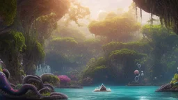 Detailed matte painting of a wide-angle shot of a woman, standing on the left side of the shot, with dark hair in a silver robotic catsuit, many large floating jellyfish with octopus tentacles, alien jungle trees in the distance, with an alien beach and lake