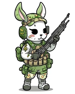 a cute unicorn soldier wearing a camo uniform, armed with an AR-15, make it as a sticker
