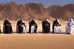 Four Arab sheikhs sitting in the desert wearing typical Arab dress, looking towards the four cardinal points. A talll fat european man in business suit wathhing them while thinking.