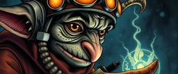 the fool from major arcana, close up portrait of dj magic kobold gremlin farmer pilot looking down on cam, with background in the style of escher and giger, a chill contrapunctus fugue in the style of fsol, beethoven,