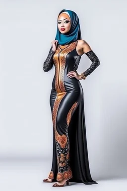 full body portrait of a fit princess with extremely muscular body in hijab and expensive designer swimsuit