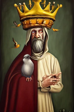 painting of a skinny surreal medieval man with a crown and birds on his head, heather theurer, an overweight, a beautiful artwork illustration, bitter, bells, carson ellis, catholic religious art, caretaker, nun, around a neck, daniel lezama painting style, dunce, whimsy, mark brown, monk