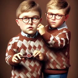 one peter billingsley chubby kid with glasses, gripping a single Dark red soap bar, ((brown))argyle sweater