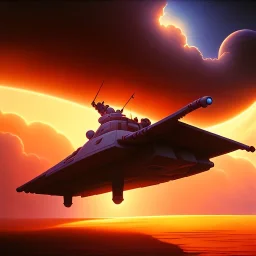 volumetric desert environment, Ralph McQuarrie style painting of an armored hovercraft with cannon, floating in the air, highly detailed, minutiae, clouds, storm, renderman, duststorm at sunrise, fill light