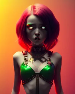 isometric art of a short Demon girl with black horns deep blood red hair and green eyes, deep lighting, dark pastel gradients, high definition, 3d icon clay render, blender 3d