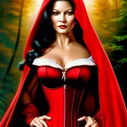 Ultra detailed fullbody Portrait in oil on canvas of young Catherine Zeta Jones as busty Red Riding Hood wearing minimal skintight suit,intense stare,wearing tight corset,extremely detailed digital painting, extremely detailed face,crystal clear Big eyes, mystical colors ,perfectly centered image, ,perfect composition, rim light, beautiful lighting,masterpiece,16k, stunning scene, raytracing,anatomically correct, in the style of robert e howard and Ken Kelley and Ohrai Noriyoshi and Simon Bisley