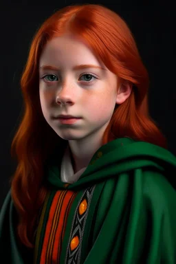 A 12 years old girl with red hair and green eyes and she is wearing a Hogwarts robe