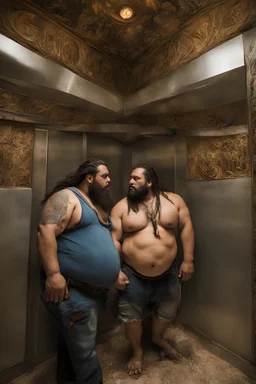 half figure shot photography of two ugly gypsies close, face to face, 30 years old with dreadlocks, overweight muscular chubby, tattoo, beard, bullneck, shirtless, manly chest, hairy torso , embraced, broken short pants,, angry eyes, in an elevator, top light, ambient occlusion, photorealistic, side view from the ground