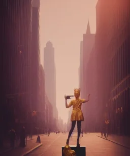 Statue of Queen of photography. Cute blonde woman. Photographer in golden crown. Standing on the street. Big camera in her hand. hyperdetailed, photorealistic, trending on artstation, greg rutkowski, beksinski, kodachrome, lomography, golden hour, bokeh, volumetric light