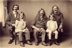 Awkward Family Photo, old and young sitting on chairs, weird smiling, long 70 hair and mustasch