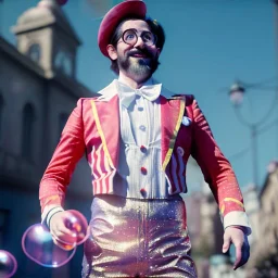 Ultra realistic circus scene. dancer man, waist up view, Wes Anderson style, happy, bubbles, party, confeti, highly detailed, concept art, unreal engine 5, god rays, ray tracing, RTX, lumen lighting, ultra detail, volumetric lighting, 3d, finely drawn, high definition, high resolution.