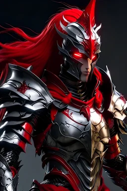 Silver and red fantasy demon armour, with a red cape, with black and red spikes coming out the back and arms, glowing red eyes, long red hair pony tail coming out the helmet