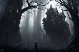  Wednesday Adams, black and white, one tall narrow scary house , pointy roof, cursed trees , dense dark forest, forest background, spiders, bats, bones, Escher style