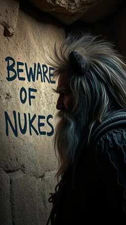 A hand writing On cave wall written “ BEWARE OF NUKES ” an old man with bear and king hair died by the cave wall , a dim lighting great quality picture with primitive style