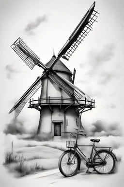 A modern realism drawing black and gray with very defined details of a dutch windmill and a bike vector image with white background for a tattoo design