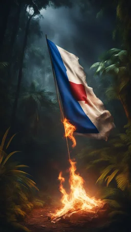 Hyper realistic burning israel flag at night in a jungle