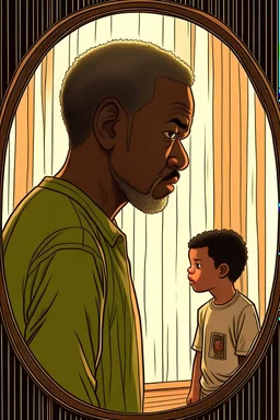an older Black man looking in a mirror and seeing a sad child in his reflection. The older man represents someone who has aged and carries the experiences and burdens of life. The sad child symbolizes lost innocence and unfulfilled dreams. The man may see himself in the child, recalling a time when he was young and held innocent hopes and dreams before undergoing the transformations and experiences that shaped his life. The image of the sad child in the mirror serves as a reminder to the man of