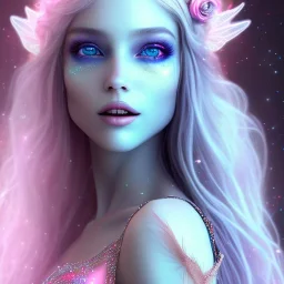 beautiful, soft, big smile face, whole head, long straight blonde hair blues eyes, crown on the head, clothing in transparent bluish and pink veil,fairy wings on the back, background brillante bluish and pink, hight definition, 8K