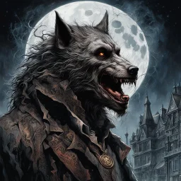 2/3 portrait of a werewolf howling at the moon in a Victorian city, dust, god particles, chiaroscuro, dramatic scene, conflicted Lycanthrope with medallion of a pentagram, concept art by Carne Griffiths and Aeron Alfrey and Michael Whelan, highest detail, masterpiece, sharp focus, volumetric light, oil matte painting, sharp contrast.