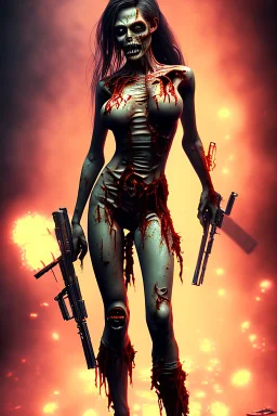 12k ultra-high-definition rendering of a zombie model in a photo studio ,The zombie, adorned in a red ripped tight dress, ripped sideways from top to bottom, long slit, shoes are fashionable platforms, big gun on side thigh, exudes a sinister aura under the studio's dark and mysterious lighting