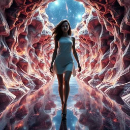 A full-body shot of a beautiful lady walking and looking at the camera 3D fractal interstellar world.3d recursive structure environment