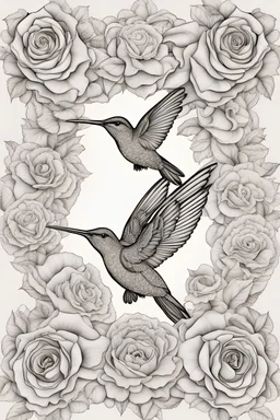 Mandala of blooming roses coupled with hummingbird details, mature coloring artwork, contour, vector, clean line art, white background, detailed, black and white, in the style of kalamkari design