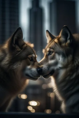 portrait photo of wolves wearing clothes and kissing over a skyscapers,shot on Hasselblad h6d-400c, zeiss prime lens, bokeh like f/0.8, tilt-shift lens 8k, high detail, smooth render, down-light, unreal engine, prize winning