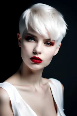 a beautiful woman, very short hair with side bangs, albino, white hair, scarlet eyes and voluptuous body