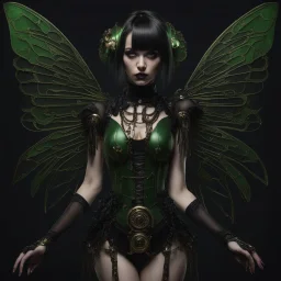 Full body, gothic woman with a bob with a fringe hairstyle, steampunk metal moth wings, green markings, black background