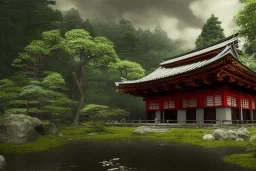 a ancient japanese temple in the middle of a forest mear a small river, extremely highly detailed, high quality, 8k hdr, octane render, unreal engine 5, hyperrealistic, concept art, trending on artstation, dramatic lighting, cinematic, high coherence, path tracing, ruins, clouds in the sky, singular building, centered