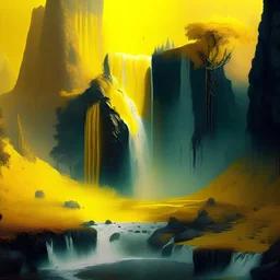 A yellow fantasy landscape with a waterfall