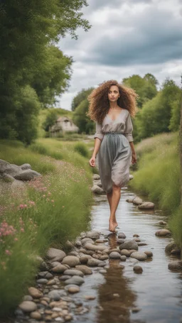 full body shot of a very beautiful lady curly hair, walks in the country side with a narrow river with clean water and nice rocks on floor. The trees and wild flowers pretty country houses ,nice cloudy sky.