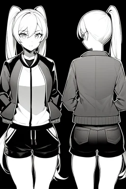 blonde girl with ponytails dressed in a jacket and shorts walks briskly, front view, greyscale