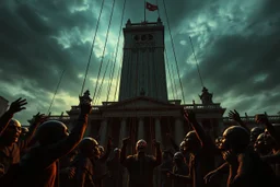 an evil government towers above, pulling the strings of puppets below, the news broadcasts the puppets' suffering everywhere, dystopian, dread, horror