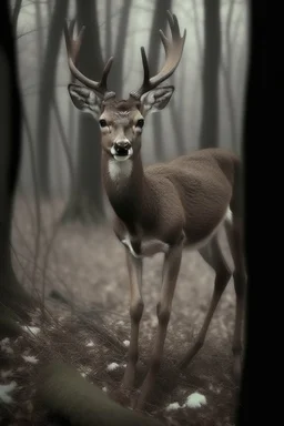 a deer except: . Legs bent backwards . Barrel chested/bloated abdomen . Emaciation . Eyes belonging to unrelated animals . Forward-facing eyes . Jerky movements . Loss of fear towards humans . Tendency to walk on two hind legs . General bodily disfigurement, creepy, found footage