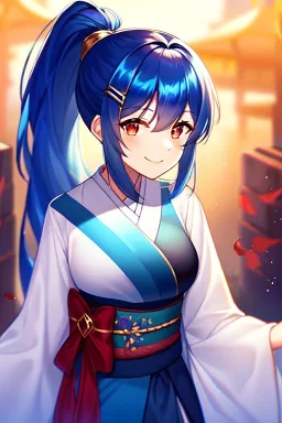 girl, masterpiece, best quality, cinematic lighting, detailed outfit, vibrant colors, perfect eyes, blue hair, red eyes, long hair, ponytail, obi, hairclip, smile,