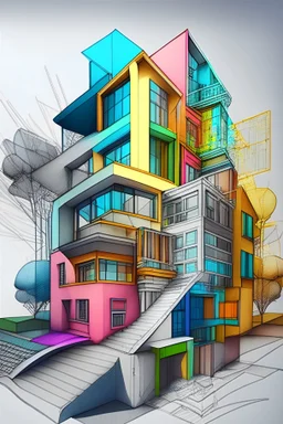 hand-drawn architectural design drawing, including a 3D view of a modern townhouse, architecture design, colorful, extremely detailed, high resolution digital art