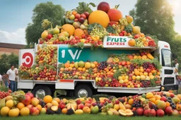 Captivating photo of a large truck full of variety of fresh fruits. The truck's exterior is adorned with an eye-catching "Fruits Express" logo. The fruits spill out of the truck, creating a large carpet of fruits on the grass, around them there are people from various backgrounds collecting the fruits with enthusiasm. The atmosphere is one of joy and happiness, with a clear summer sky.