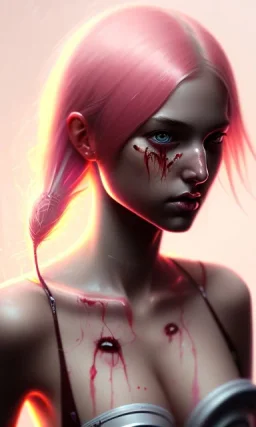 girl, cute, beautiful, pink hair, brown eyes, pigtails, bangs, knife in hand, blood on face, by Greg Rutkowski, big boobs