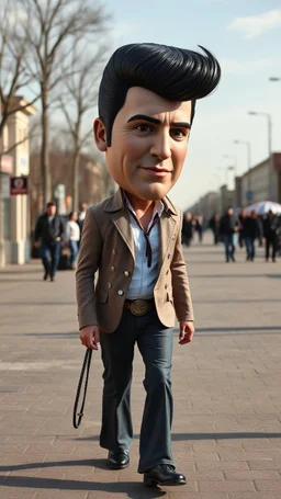 A man with very big head and small body looks like Elvis walking