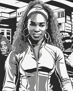 coloring page for teens, simple outlines art, cartoon style, outline drawing, bold outlines, clean and clear outlines, no tones color, no color, no detailed art, art full view, wide angle, white background, Serena Williams