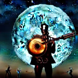 cyborg one man band, instruments, full moon background center large, steampunk style, 3d, hd