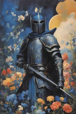 1970s dark fantasy paper book cover. the knight of blue and flowers standing with his weapon posing for painting