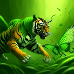 a green fly fighting a big tiger