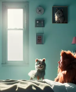 Realistic bedroom scene. big furry monster sitting. girl from behind. Wes Anderson style. Red hair, smile, happy, gradient color fog. highly detailed, concept art, unreal engine 5, ray tracing, RTX, lumen lighting, ultra detail, volumetric lighting, 3d, finely drawn, high definition, high resolution.